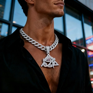 Iced Out Egyptian Eye Of Horus Pyramid Pendant Necklace Men Alloy Rhinestone Cuban Rope Chain Hip Hop Street Style Jewelry