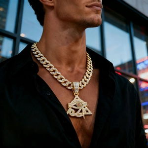 Hip hop gold plated Cuban chain necklace with large iced out Eye of Horus pendant