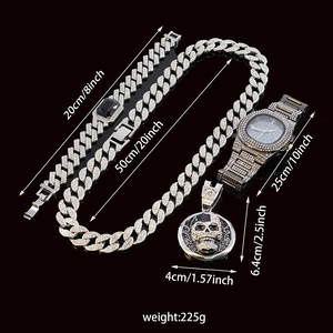 Hip hop skull pendant set with iced-out cuban chain necklace, bracelet and quartz watch