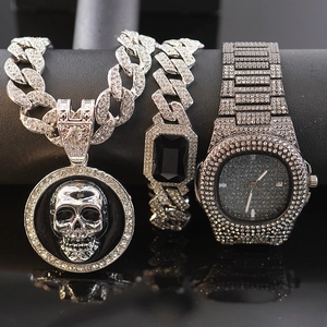 Iced-out hip hop jewelry set with skull pendant, cuban link necklace, bracelet and watch