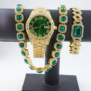 Gold tone full diamond watch set with emerald green dial and Cuban chain bracelets