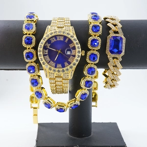 Luxury gold hip hop watch set with blue gemstones and sparkling zircon stones