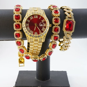 Luxury Iced Out Hip Hop Men Jewelry Watch And Cuban Link Bracelets Gold Silver Zinc Alloy Plated Rhinestone Accessories