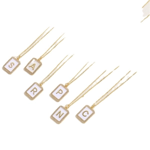 Gold plated 26 initial letter necklaces with zircon crystal border and white shell inlay