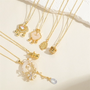 Six luxury vintage gold necklaces with micro-inlaid zircon pendants and white shell tassel designs