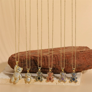 Fashion Copper Gold Plated Zirconia Teddy Bear Pendant Necklace Heart Shaped Zirconia Inlaid O-Chain Choker Jewelry For Women