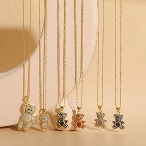 Luxury gold plated teddy bear heart zircon pendant necklace set for women jewelry