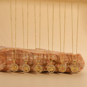 14K gold plated zodiac pendant necklaces with round CZ stone settings for women