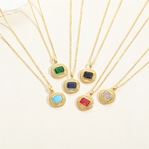 Set of six gold necklaces featuring multi-colored square zircon pendants on cross chains
