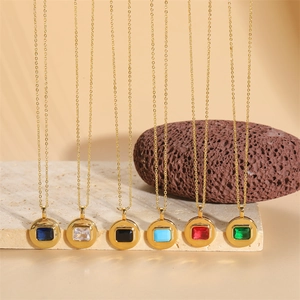 Fashion Copper Geometric Square Zirconia Pendant Necklace For Women Elegant Colored Gemstone Clavicle Chain Jewelry Gift