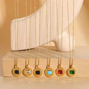 Golden geometric square zircon pendant necklace set with colorful gemstones for women