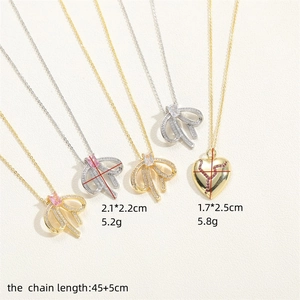 14K vergoldete Halskette mit Zirkon-Herzanhänger und Schleifen-Design für Damen