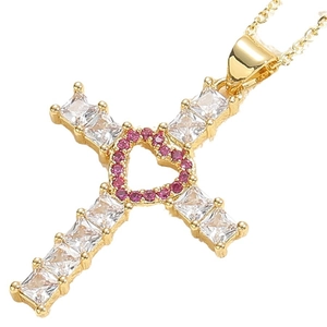 Goldene Kreuzkette mit Herzmitte, rosa Zirkonia und transparenten Kristallen verziert