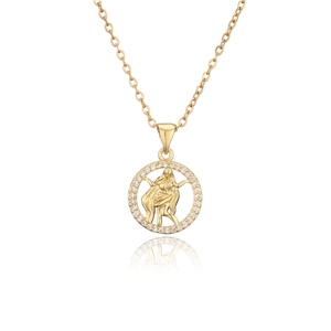 14K gold plated necklace with circular zodiac pendant featuring a female figure and cubic zirconia