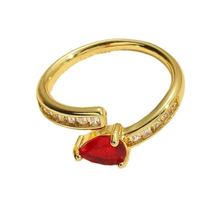 Gold-plated open ring with pear-cut red zircon and rectangular crystal accents