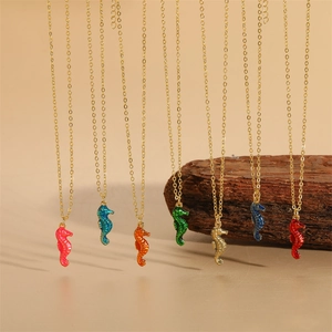 Colorful enamel seahorse pendant necklaces in seven colors with golden chains