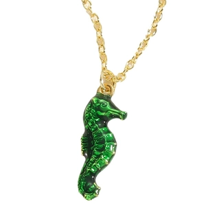 Hawaiian beach style gold necklace with green enamel seahorse pendant for women