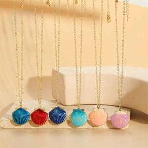 Hawaiian ocean series scallop shell pendant necklace set with colorful enamel finish