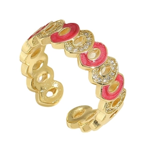 Adjustable gold open ring featuring magenta enamel and zircon in an O-shaped design