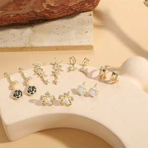 Elegant French Copper Floral Zirconia Stud Earrings 14K Gold Plated Artificial Pearl Rose Tulip Star Earrings For Wedding Women Jewelry