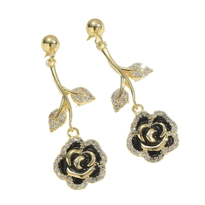 Elegant rose stud earrings with black enamel and white zircons in gold plating