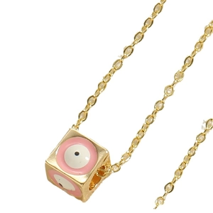 Golden chain necklace with a pink cube pendant featuring the iconic evil eye design