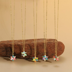 Boho Evil Eye Star Pendant Necklace Copper Gold Plated Enamel Zirconia Link Chain For Women Fashion Jewelry Accessory
