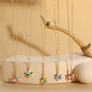 Star-shaped evil eye pendant necklaces with colorful enamel and gold-plated chain