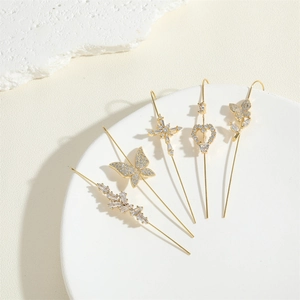 Elegant gold butterfly and cross dangling ear hooks with sparkling zircon stones