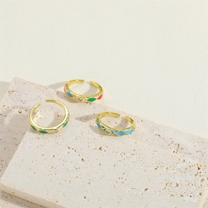 Drie gouden emaille ringen met zirkonia op steen, vintage stijl en verstelbaar