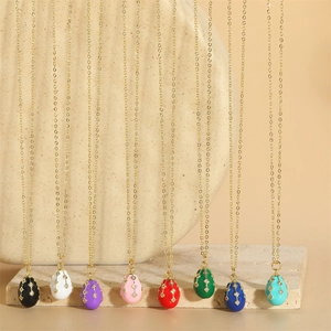 Faberge-style enamel egg pendant necklaces in eight colors with gold chain and rhinestones