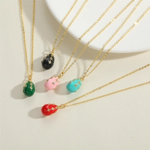 Faberge-style enamel egg pendant necklaces in five colors with gold chain and crystals