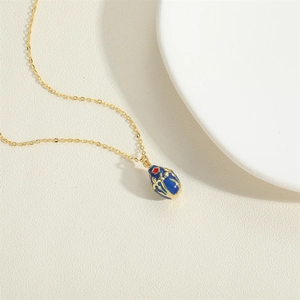 14K gold plated oval pendant necklace with vintage blue enamel and zircon inlay