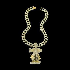 Ανδρικό hip-hop κολιέ με επίχρυσο μενταγιόν πουγκί και αλυσίδα τύπου cuban