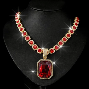 Hip Hop Luxury Zinc Alloy Cuban Chain Necklace with Large Rectangular Gemstone Pendant Sparkling Rhinestone Jewelry For Men Women