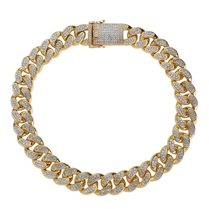 20mm gold Cuban link chain necklace and bracelet with sparkling iced-out rhinestones