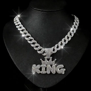 Hiphop silver Cuban chain necklace featuring a KING crown pendant with iced out rhinestones