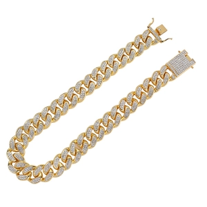 Detail of 20mm gold Cuban link chain with pave-set rhinestones and secure box clasp