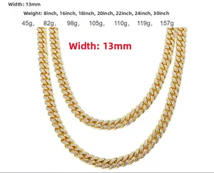 Macro shot of 13mm iced out Cuban link chain with pave rhinestones in gold finish