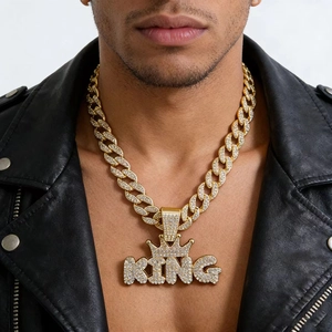 Hip Hop Iced Out King Crown Letter Pendant Necklace Alloy Rhinestone Cuban Link Chain For Men Streetwear Jewelry Gift