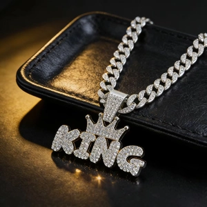 Hip hop silver crown KING pendant with iced out Cuban link chain necklace for men