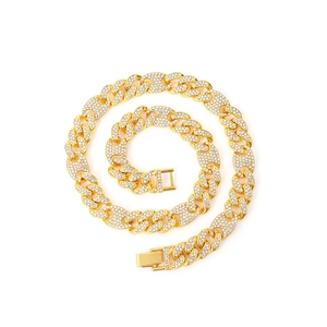 Iced out gold Cuban link chain necklace with sparkling rhinestones for hip hop style