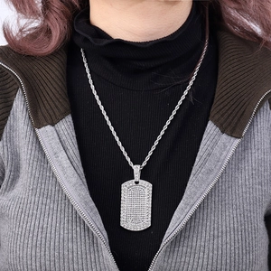 Men's hip hop full diamond square dog tag pendant necklace with silver rope chain