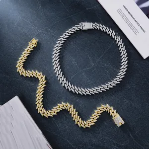 Iced out hip hop Cuban link chain necklace set with silver and gold rhinestone plating