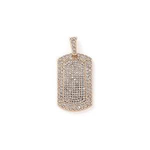 Hip hop style gold square shield pendant with sparkling rhinestones on a sweater chain