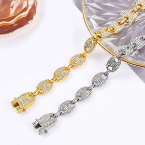Hip hop style gold and silver coffee bean link chains with iced out crystals for jewelry wear