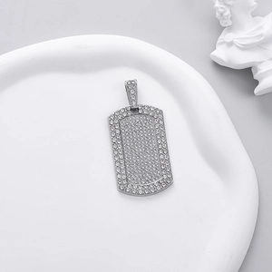 Men's hip-hop iced out silver square dog tag pendant with white rhinestones