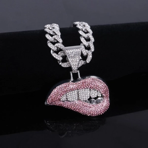 Hip Hop Bling Strass Lippen Hanger Halsketting Legering Volledig Ingelegd Cubaanse Schakel Streetwear Sieraden Voor Heren Dames Zilver Roze