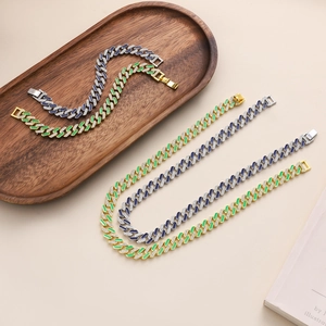 Hip hop colorful enamel Cuban link necklaces with sparkling rhinestones in gold and silver