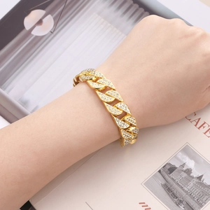 Hip hop stijl goudkleurige Cubaanse schakelarmband met fonkelende witte kristallen voor heren